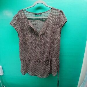 a.n.a Peplum‎ Blouse Large Olive Purple Geometric Print Boho Split Neck Top